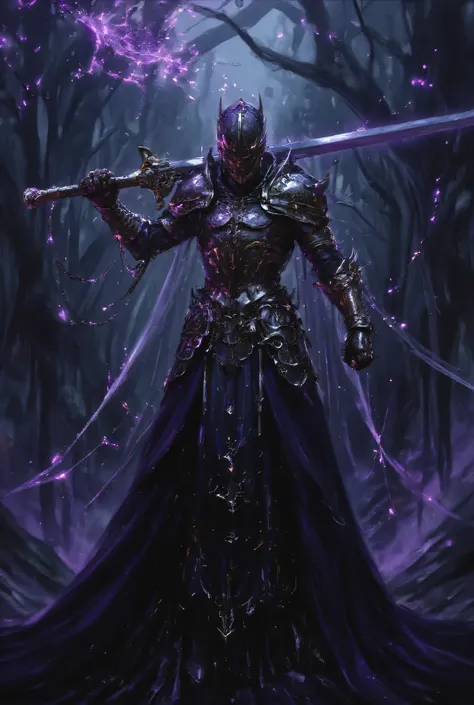  a formidable knight in dark purple and chrome armor,  the armor of the dark zodiac knight ,  untying the black aura , holds a two-handed purple crystal sword, I threw my sword over my shoulder