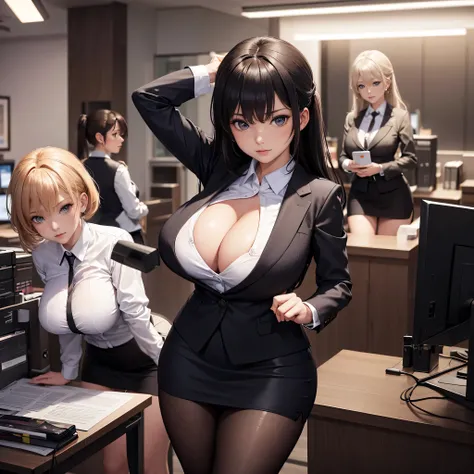 Highly detailed CG unit 8k wallpaper, masterpiece, High resolution, highest quality, highest quality real texture skin, Digital Painting, Best image quality, 最High resolution, 8k, Highly detailed eyes and face, Two office ladies are working in an office at...