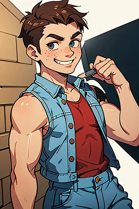 2d cartoon  male character, half body view, villager, undercut brown hair, chubby muscular tall body, tan skin with freckles in face and body, one missing tooth, red tanktop and denim vest, grins mischievously, naughty face, eyes on camera