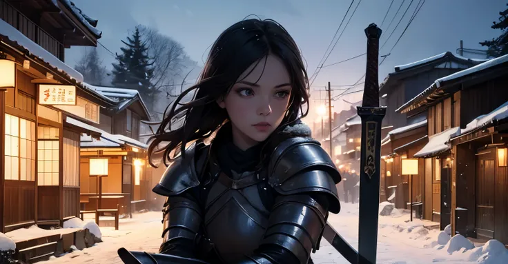 a girl in medieval armor wielding a sword, snow-covered japanese town at night, warm lights, detailed face, beautiful eyes, beautiful lips, long eyelashes, extremely detailed, 8k, highres, photorealistic, intricate details, cinematic lighting, dramatic sha...