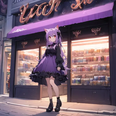 1girl, purple hair, red eyes, cat ears, Purple gothic dress, in front of store, full body