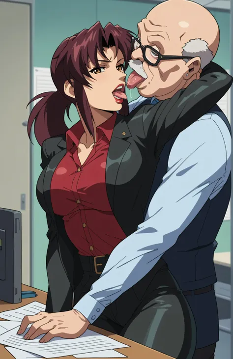 Revy, 1girl, red lipstick, sexy, hot, office lady, bottoned red shirt, unbottoned, black leather blazer, dhimny piton black leather pants, hot, in the office principal, black leather, leather suit, shinny leather outfit, leather vest, liss ugly man, on the...