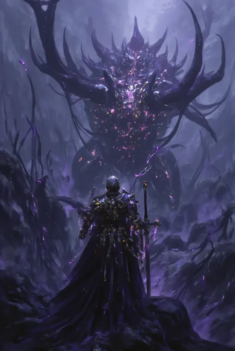  a formidable knight in dark purple and chrome armor,  the armor of the dark zodiac knight ,  untying the black aura , holds a two-handed purple crystal sword, I threw my sword over my shoulder,  with their backs to the viewer, looks at a monster of coloss...