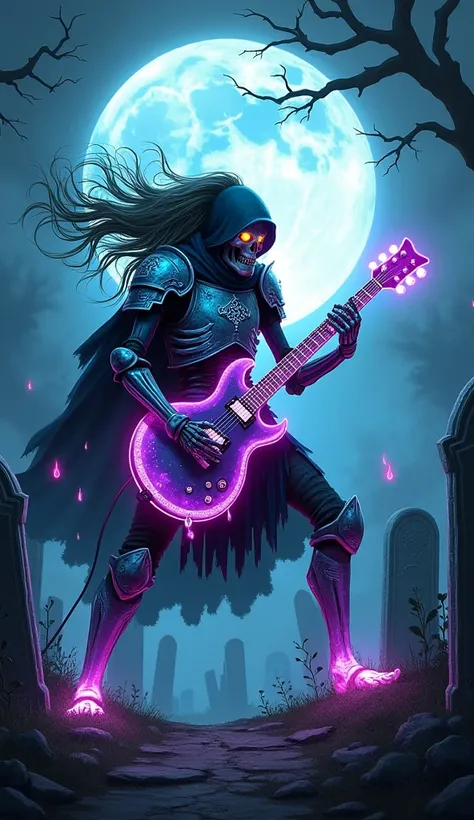 "A surreal and dynamic illustration of a skeleton knight playing an electric guitar in a haunted graveyard. The skeleton knight wears cracked, ancient armor adorned with glowing runes, and his long, ghostly hair flows wildly in the air as if carried by a s...