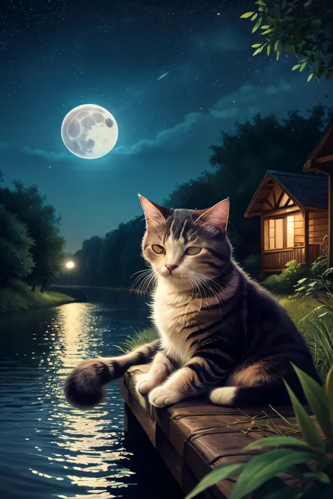 close shot of a cute furry cat sleeping on a river side, dreaming of night scene, night time dim light, beautiful trees behind, sparkling stars and a full moon, illustration art style, attractive art lovely