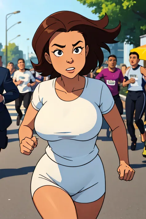 a woman running in front of the camera wearing a white top,  with big boobs, cartoon style