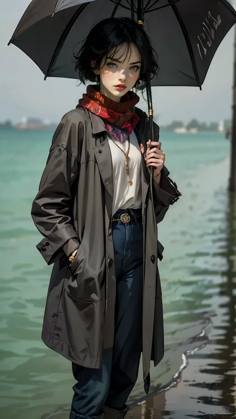 24 year old dark skinned woman、blue eyes、blonde、medium long curly hair、Accessorize your wrist、Colorful Scarf Tie Blouse((scarf tie blouse))、raincoat,loose grey fashionable pants, short hair, at the sea side, boots, umbrella, rain