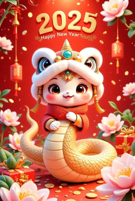 Cute Chinese snake with red gift boxes and calendar, golden text "Happy New Year 2025", light yellow plum blossoms, cartoon style, red background, New Year's atmosphere, graphic design poster art, bold lines, high-contrast shadows, 3D rendering, high resol...