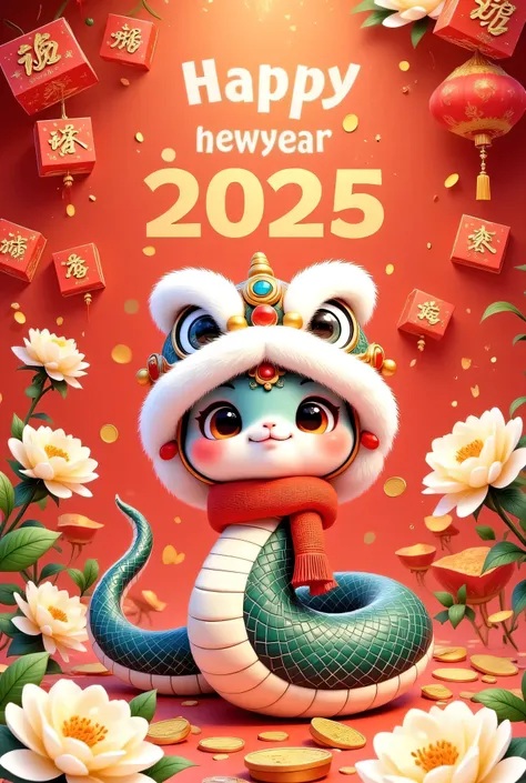Cute Chinese snake with red gift boxes and calendar, golden text "Happy New Year 2025", light yellow plum blossoms, cartoon style, red background, New Year's atmosphere, graphic design poster art, bold lines, high-contrast shadows, 3D rendering, high resol...