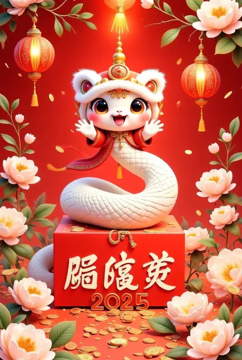 Cute Chinese snake with red gift boxes and calendar, golden text "Happy New Year 2025", light yellow plum blossoms, cartoon style, red background, New Year's atmosphere, graphic design poster art, bold lines, high-contrast shadows, 3D rendering, high resol...