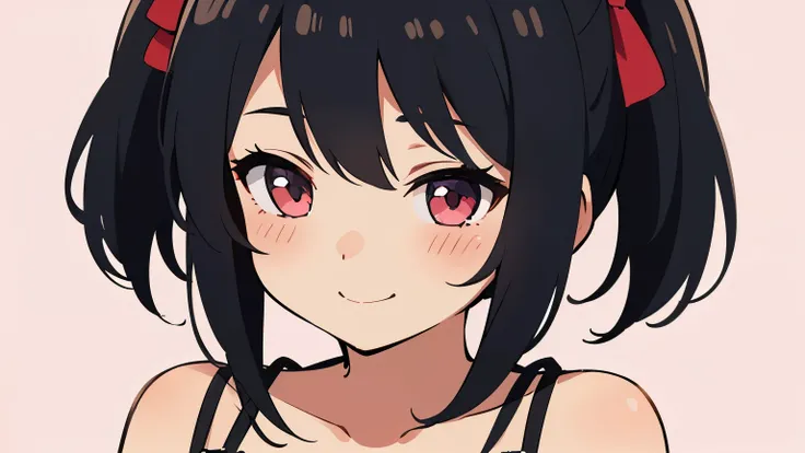 A cute solo girl with black hair wearing a camisole. Plain background. Highest quality. Focus cleavage. Bust-up illustration. Expression: very blush and very smile.