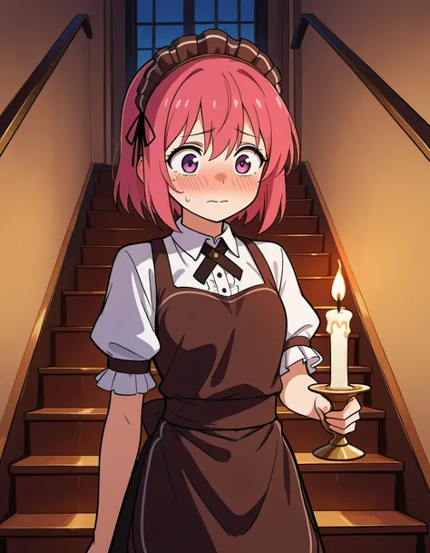 score_9, score_8_up , score_7_up , source_anime, Stairs going down to the basement , female waitress holding a candle, A scene from the story ,nervous, MYSTERIOUS, ( manga style),(sketch),(illustration), masterpiece, Best Quality,