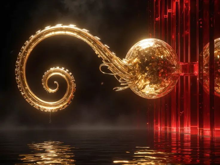  Golden Fruit , Spherical , With a spiral tail., The tail swims in the water,  Golden Fruit ว่ายเข้าหาผนังแก้วผลึกสีแดง, black background, gold aura, realistic, Cinematic, masterpiece.