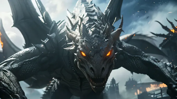 a close up of a dragon with glowing eyes and a huge body, giant kaiju dragon monster, giant dragon flying in the sky, deathwing, blizzard cinematic, alduin, the fourth race of starcraft 2, jormungandr, hyper realistic fantasy monster, from a 2 0 1 9 sci fi...