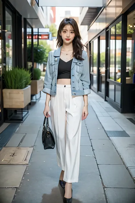 ((  Best Quality  )), ((masterpiece)), ( Details ),   1girl  ,18 year old japanese girl ， First person perspective ， real person， 8k octagonal rendering ,  Shine Effect , Aho, preauricular hair, ， Medium chest ，Lace-up High Heels ，pedestrian mall，Clear fac...