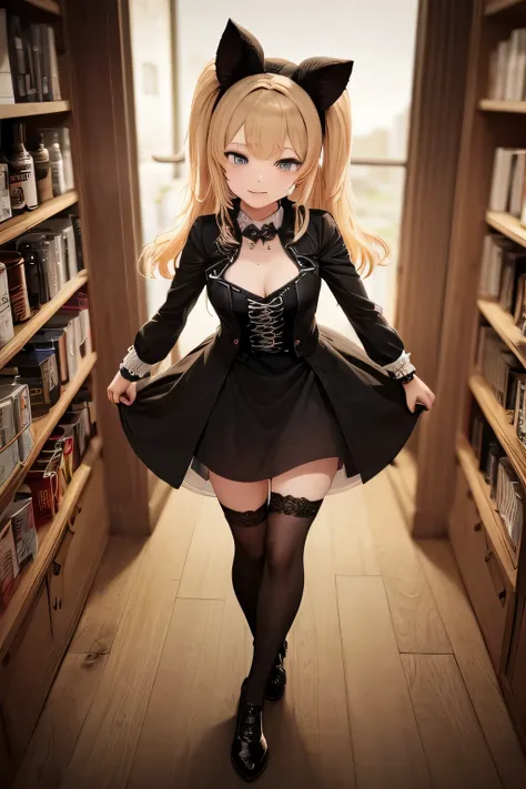 A young girl,  yellow-haired position,  honey-colored eyes,  black makeup ,  gothic clothing store in black, Gothic, esoteric store, Amulets,  Esoteric , Alone,  full body,  anime style