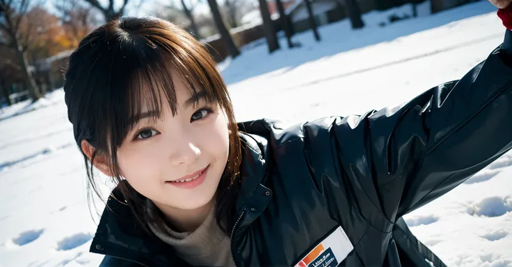 ( best quality,masterpiece:1.3, super high resolution),( more details, caustics,8k), ( photorealistic:1.4, RAW shooting),Winter park covered with snow, Japanese,20 years old, cute,(smile), and stare at the camera, black hair short, black down jacket, bust ...