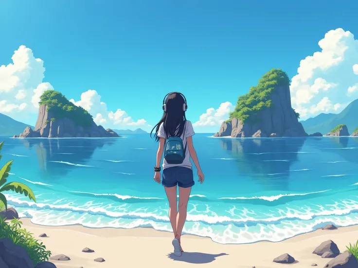 I want an anime woman ,  black hair, with a streetwear outfit,  with headphones ,  walking along the shore of a beach and her seeing unique islands and spectacular scenery, turning her back completely on the camera 