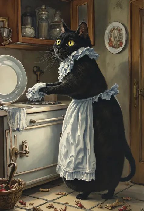 "(Black cat housewife +corruption+corruption+Blanche), Astonishing Eye、 cleaning a white round plate with a cloth、 vivid color、 amazing details , Western traditional kitchen background , Amazing Illustrations , Perfect image quality"