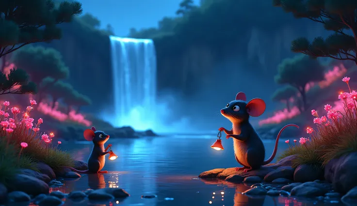 night has come, near the night waterfall, where neon flowers of all the colors of the rainbow bloom, mice from the cartoon "Ratatouille"
moonlight breaks through the glare and reflections from the water, mice with lamps stand on the shore and stare into th...