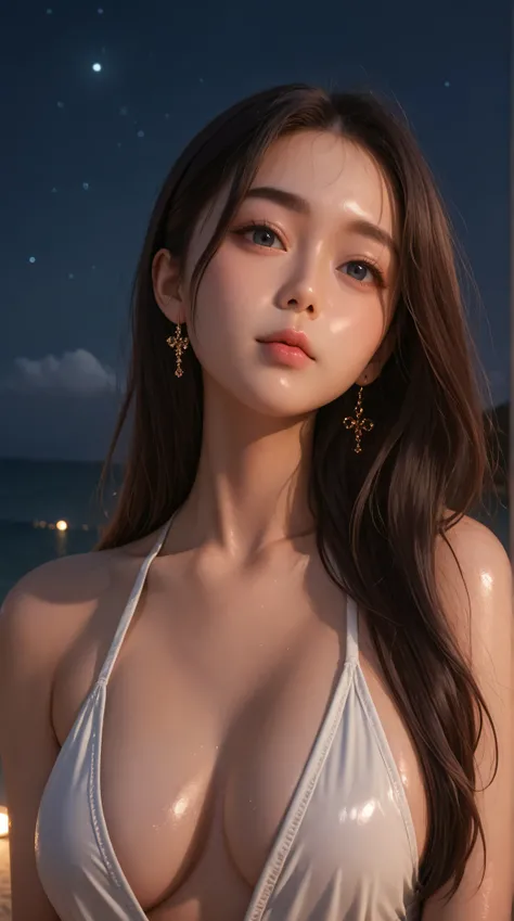 high key light, soft shadows, dark theme, 
young korean girl wearing a plunging swimsuit, colored hair, 
close superior portrait,  
beach in the night, night sky, overcast sky, outdoor, shiny skin, 