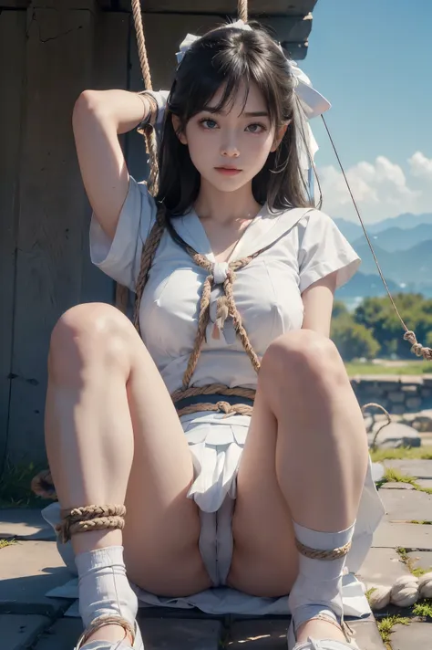  best quality, real ,( Hyperphotorealism ), Realistic,  highly detailed skin,Detailed clothing、
 1 girl, 21 years old, ( cute), Idol, black eyes,  medium hair,  Hair, ( Japanese:1), ( small breasts:0.3)、
uniform、（ white sailor suit）、 blue ribbon、White shor...