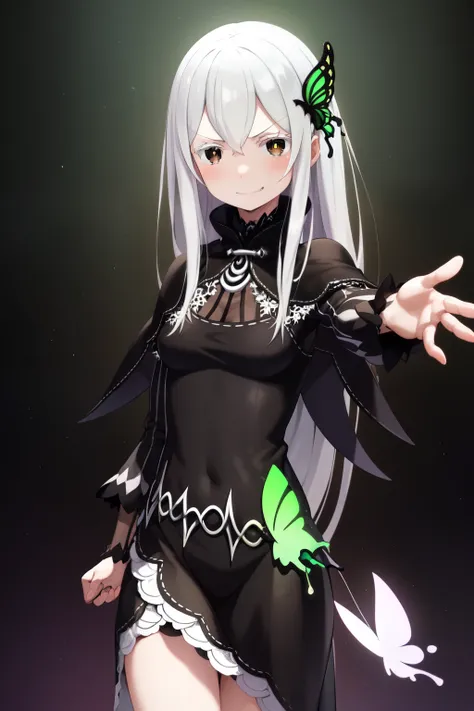 Confused,  high resolution,  very detailed, Echidna,  brown eyes,  Medium Chest , butterfly hair ornament, (color jelly:1.1),  capelet ,  black dress ,  Long Sleeve, Looking at the Audience ,  evil smile, Otherworldly colors,  surreal landscape , Invisible...