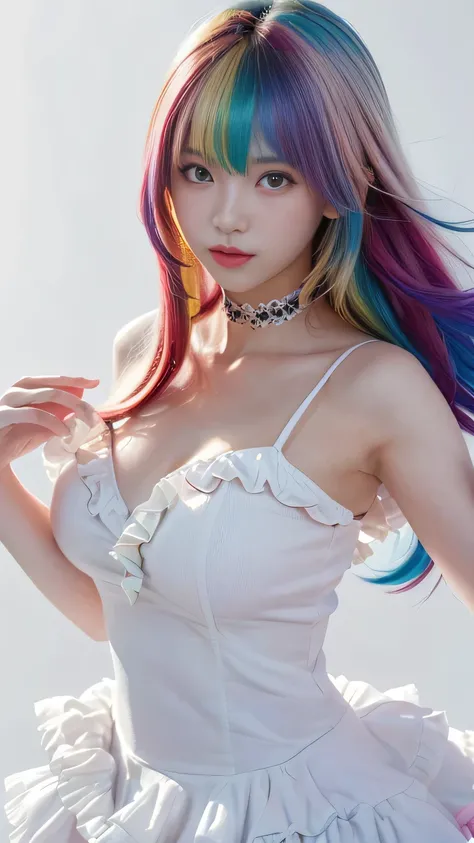 (((( pastel colors、 Pastel Colors hair color 、 Colourful Hair Color 、rainbow、Rainbow hair color、rainbow Hair、rainbow hair colour、amount、 long hair、 long hair up to the waist、 growing skin、 white skin、  plump lips、 straight hair 、白 gals、 gals、 dress 、、frill...