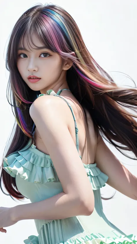 (((( pastel colors、 Pastel Colors hair color 、 Colourful Hair Color 、rainbow、Rainbow hair color、rainbow Hair、rainbow hair colour、amount、 long hair、 long hair up to the waist、 growing skin、 white skin、  plump lips、 straight hair 、白 gals、 gals、 dress 、、frill...