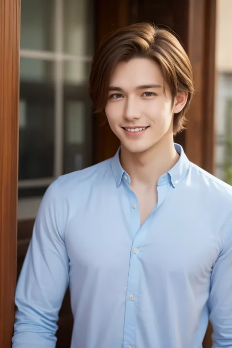 Tall handsome German man。 has a nice smile。Age: Late 20s。 hairstyle is short～Good-looking German with medium length 。 brown hair than blond hair 。