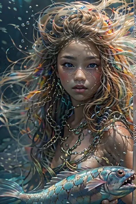 dramatic event of girl 12yo, nudemermaid holding octopus in dark ocean waters, detailed nude mermaid girl, long flowing hair, beautiful detailed eyes, beautiful detailed lips, extremely detailed face and skin, highly detailed shark, realistic water effects...