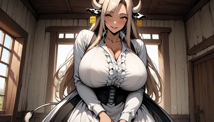 solo, 1girl, smile, cowgirl, long straight hair, huge breasts, cow-horns, dress, girly dress, farmhouse, open collar, bustier, straps, bulky body, muscular, wife, cow tail, Victorian, huge body, very tall, very broad shoulders, mature, cow-ears, olive skin...