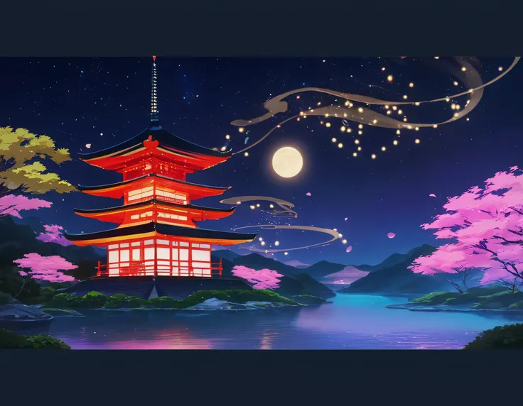 A large building with lots of lights at night,  Colorful Animated Movie Backgrounds, Japan at Night,  anime beautiful peace scene ,  Traditional Japanese Concept Art  , Inspired by Goharu Matsumura,  Temple Digital Painting, Colorful Fox City, Japan night ...