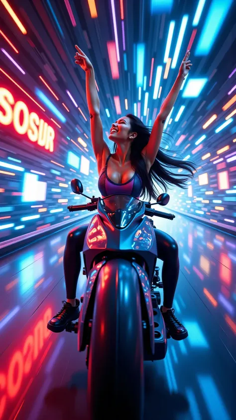 "Inside the dynamic, shifting tunnel of time, where neon lights pulse in vivid blues, purples, and fiery reds, a stunning woman races on the futuristic motorcycle, feeling the rush of speed and liberation. The camera captures her from below, looking up at ...