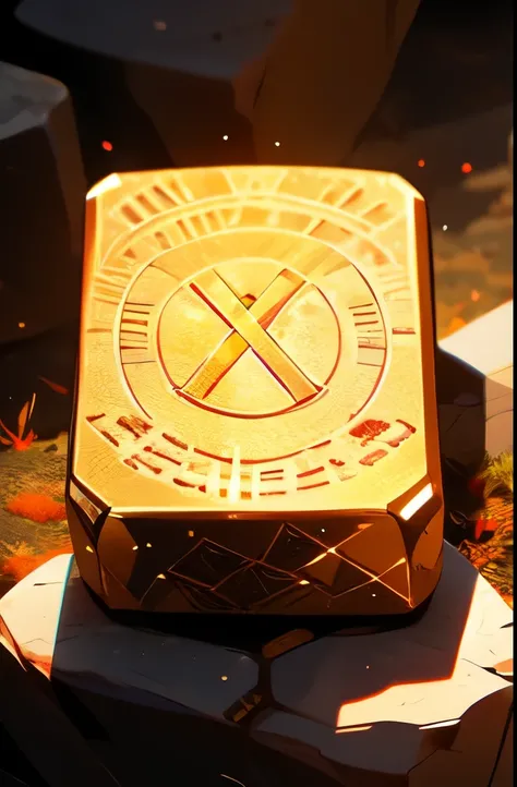 a close up of a stone with a gold symbol on it, runestone, covered in runes, with silver runes on it, holographic runes, stone runes on the front, with glowing runes on the body, ((monolith)), from netflix's arcane, runestones, ancient symbol behind it, lo...