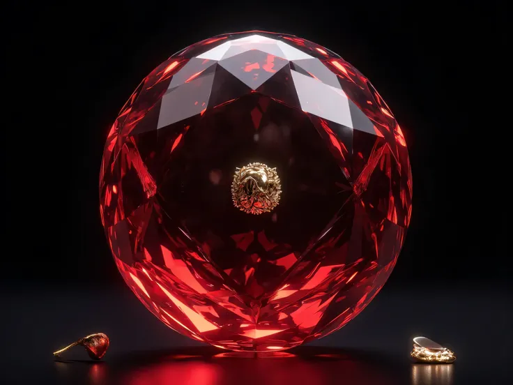 A small metal, golden in a gigantic red crystal, Spherical , A single gold metal, very small, ผลึกแก้วสีแดงด้านนอกSpherical , Single glass crystal, Golden Bean Seeds, black background, realistic, masterpiece, Cinematic. 