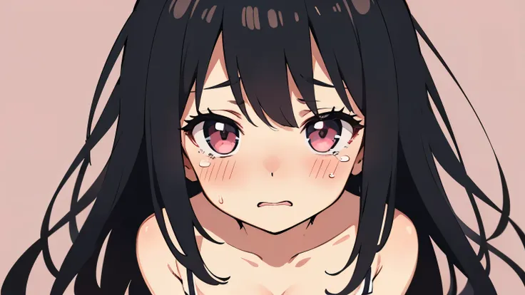 A cute solo girl with black hair wearing a camisole. Plain background. Highest quality. Focus cleavage. Bust-up illustration. Expression: very blush and cry.