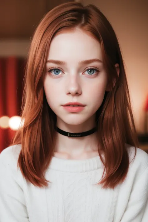 raw photo,(13yo skinny redhead girl:1.2), cheek dimples, blushing, graphic eyeliner, rouge, (lipstick:0.6), (choker:0.9), realistic skin texture, oversize knit sweater, (red:0.8), softcore, warm lighting, cosy atmosphere, instagram style, nsfw , naive, shy...