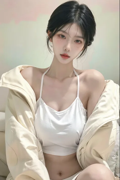  A beautiful woman with a perfect figure ：1.4， cascading hairstyle ，Prominent cleavage，bikini：1.5，Ultra short pleated skirt ，whole body，，Big breasts，Big Breasts：1.8， Highly detailed facial and skin textures， Double eyelids，Skin Whitening，Long black hair