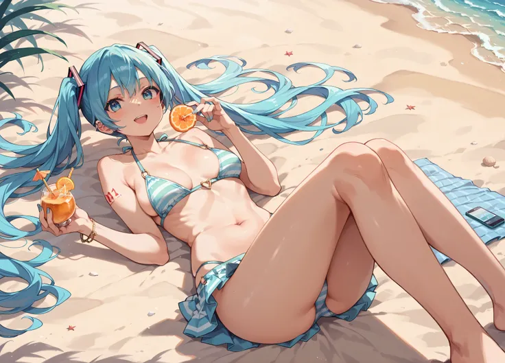 Miku smiles on a sandy beach