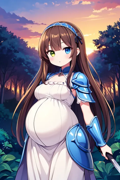 (high quality), 1girl, young girl, brown hair, extremely long hair, (heterochromia red and blue eye), small breast, (big pregnant, huge round pregnant size), hair band, anime fantasy style, adventurer, knight, knight armor, sword, holding sword, standing, ...