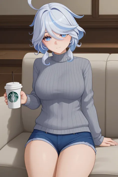 furina synaditis on the couch and drinks coffee, She is wearing a white ,gray sweater, blue short denim shorts,white noses,sits on the couch and looks at the viewer with a snail.