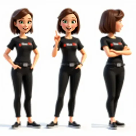 A turnaround sheet of the character showing multiple angles (front view, side view, back view, 3/4 view, arms crossed, and hands in pockets pointing forward). Each view captures a 3D full-body rendering of the same woman with fair skin, short brown straigh...