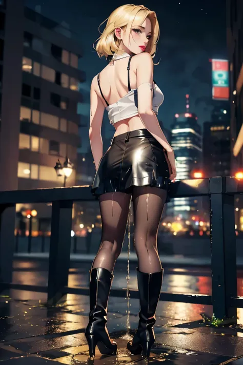 anime, best quality, high quality, highres, beautiful women, blonde hair, high detail, good lighting, lewd, hentai,((dressed like a prostitute)), (((skimpy leather miniskirt and pantyhose))), (((skimpy top))), (((leather boots))), nice legs, (((wetting her...