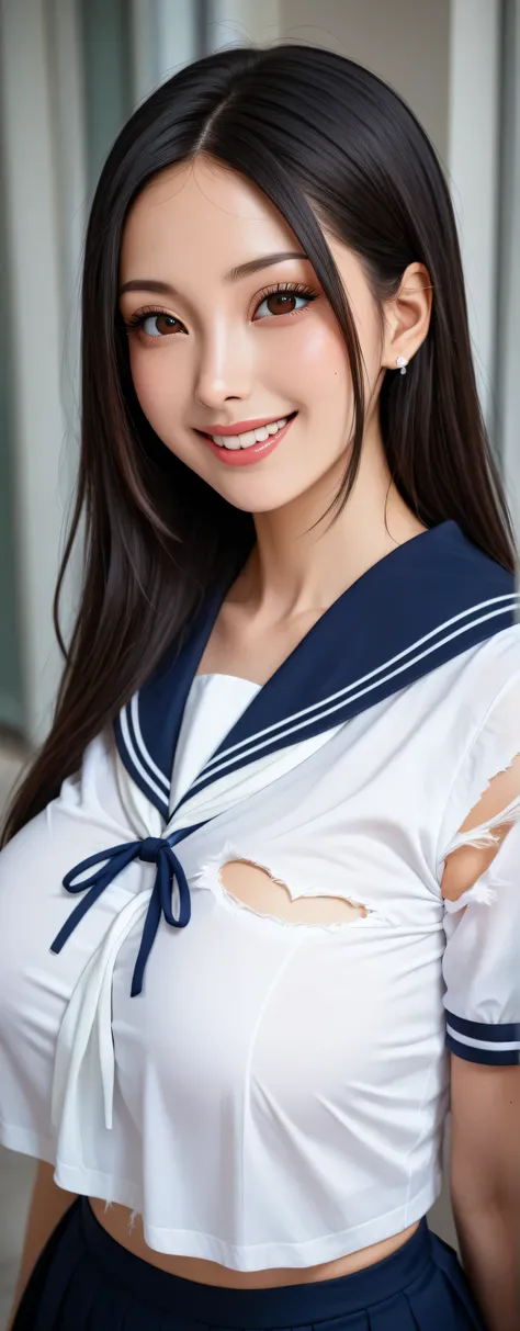 (((baby face close-up)))、((( black hair,  Straight Long)))、((( with the New York skyline in her background 、 posing like an AV in a beauty salon 。.)))、(((torn high school sailor uniform)))、 mixed race between Japanese, Korean, Taiwanese, and Chinese、(((Gla...