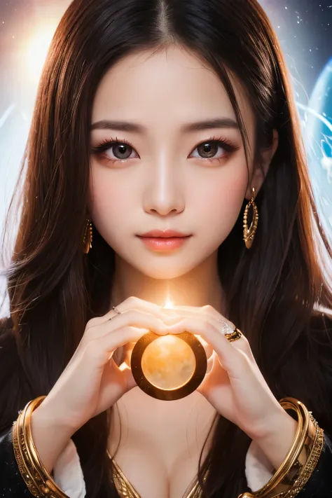  high definition,  real , cute face ,  cute face , beautiful woman、 beautiful girl、 Artistic 、 mysterious in another dimension、 fantastic、Fantastic、Shining Sun Ring、 Sun Moon Theology、Spell casting、 Evil Goddess 、Eros、 Symmetry、 Dimensional Rift 