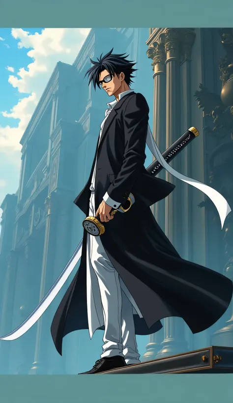 Aizen Sosuke in a party suit holding his katana in style wearing spectacles 