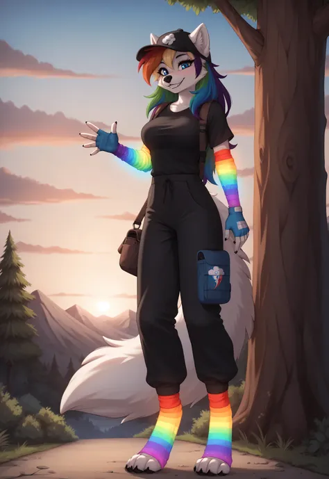 (4K HD Quality), score_9_up, score_8_up, score_6_up, anthro, solo, 1girl, furry, Arctic Fox, white body, white fur, rainbow hair color, long thick hair, blue eyes, white fox tail, medium large breasts, 

((glowing gloves), (rainbow sleeves gloves), (finger...