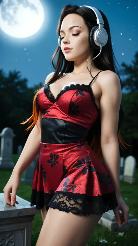 Nezuko Kamado /  KIMETSU NO YAIBA, Bicolor fur,   A woman   ,  long hair,   Eyes Closed,  very serious look,  listening to music with headphones in her ears, she opted for a gothic mini dress , lace,    medium breasts,   Not suitable for work ,   fat ass, ...