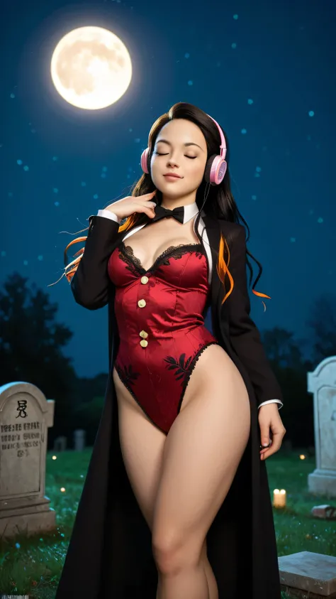 Nezuko Kamado /  KIMETSU NO YAIBA, Bicolor fur,   A woman   ,  long hair,   Eyes Closed,  very serious look,  listening to music with headphones in her ears, she opted for a mini detective suit, lace,    medium breasts,   Not suitable for work ,   fat ass,...